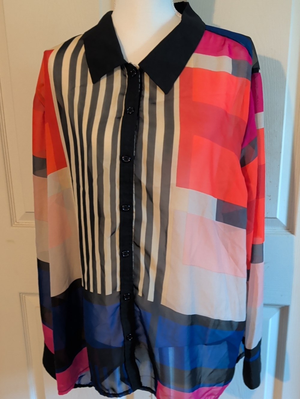 Colorblock Stripe Button-Down Shirt - Black Collar, Coral & Navy Panels